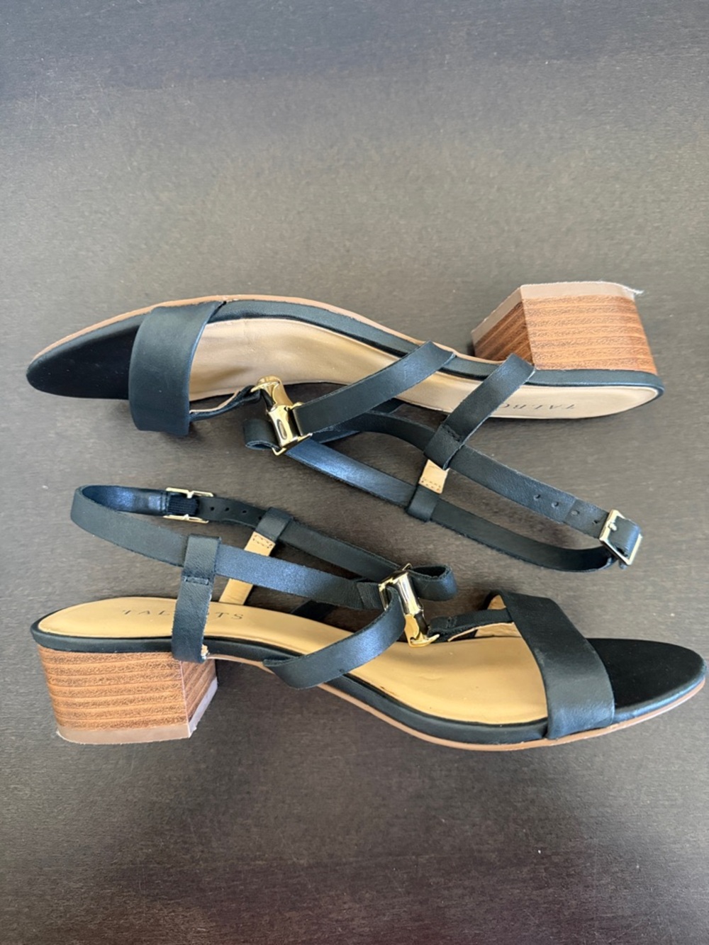 Talbots Black Leather T-Strap Sandals with Gold Accent - Picture 7 of 8
